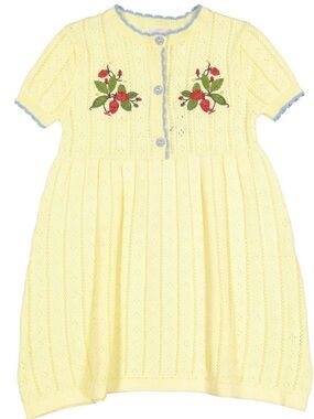 Floss Yellow Knit Dress with Strawberry Embroidery